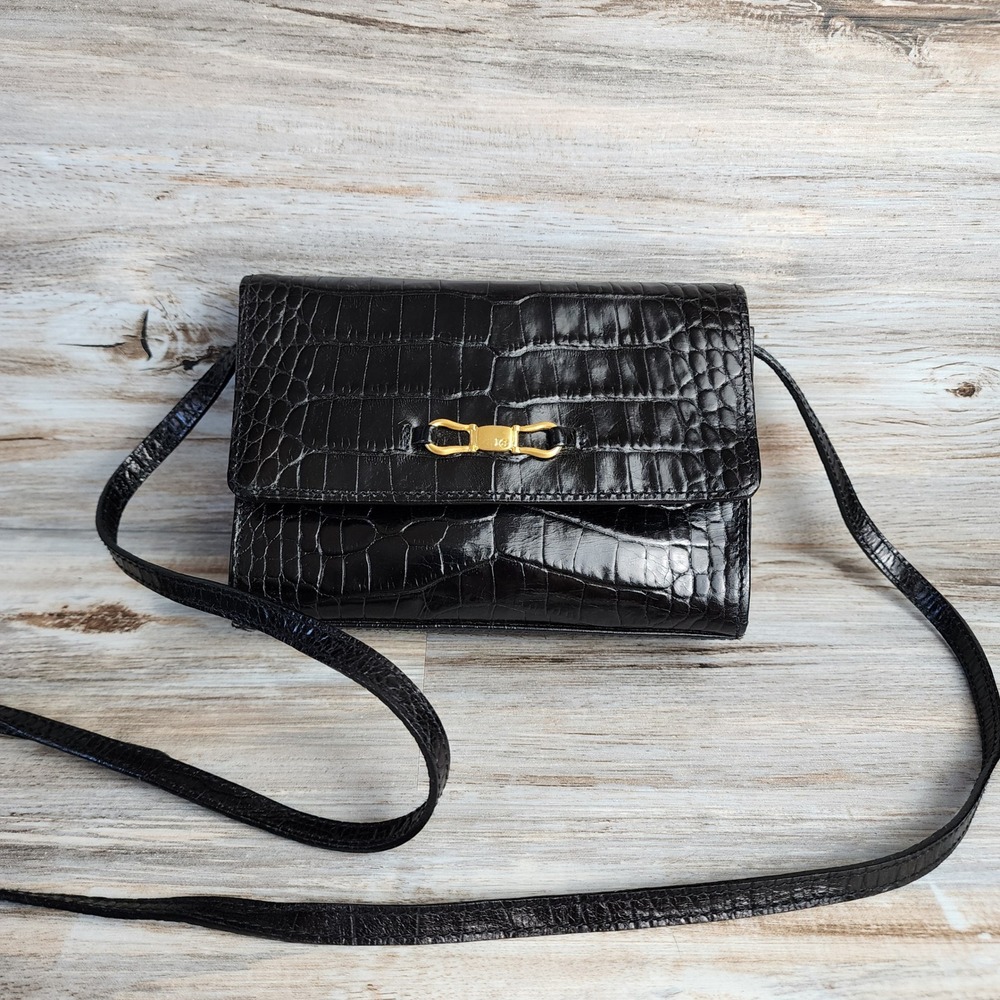 Liz Claiborne Leather Co Black Croc Embossed Crossbody Bag Vintage Gold Hardware